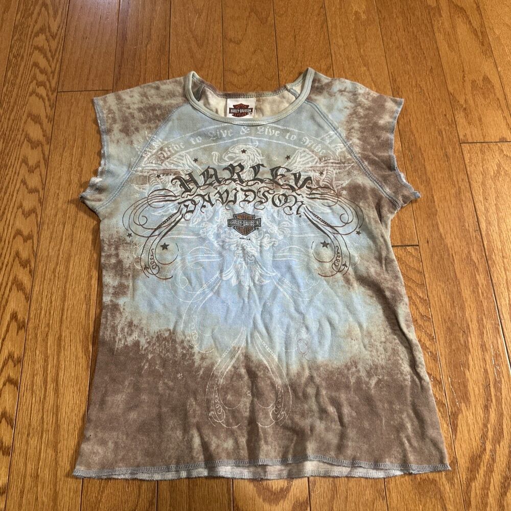Harley Davidson 2005  Woman’s T Shirt Size Large Blue Tye Dye U.S.A. Anderson SC